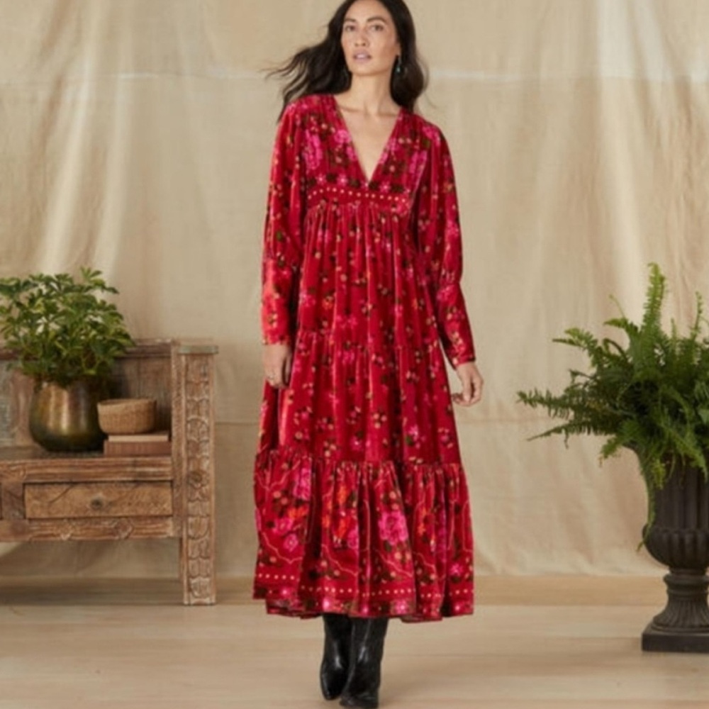 ♥️ Farm Rio Romantic Garden Red Velvet Maxi Dress